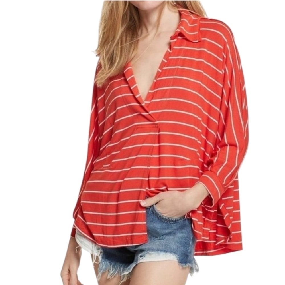 We The Free Can't Fool Me Orange White Striped  Long Sleeve Oversized Size Small